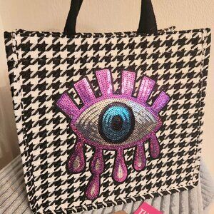 Custom Houndstooth Plaid Handbag with Pink Evil Eye Sequin Embroidery